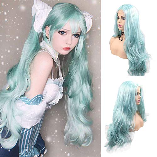Long Wavy Synthetic Wig Small Lace Front wigs Wavy Free Premium Heat Resistant Fiber for Women,Realistic Looking Long Ice Blue Hair Cheap Wigs Hairstyle Wig 24inch