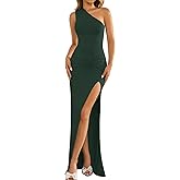 EYNMIN Women's One Shoulder Long Formal Dress Sleeveless Ruched Bodycon Split Elegant Wedding Guest Maxi Dresses