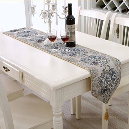 BlueTop Classic Embroidery European Style Tassel Dining Table Runners Sequined Lace with Flower Hotel Bed Coffee Buffet Table Runners (Blue, 71