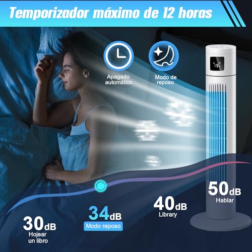AXIDUN Ventilador de Torre 84 cm/33", Ventilador de Torre Silencioso de 3 Velocidades con Control Remoto, 12h Timer, Ventilador sin Aspas, Oscilación de 120° Ventilador de Pie Vertical.