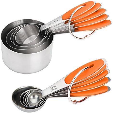 JuBaoM Premium Stainless Steel Measuring Cups and Spoons Stackable Set, 10 Pieces. Professional Metal Cookware Tools to Measure Liquid and Dry Ingredients in your Kitchen (Orange)