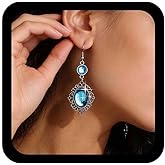 Allereyae Vintage Blue Moonstone Drop Earrings Oval Moonstone Earrings Silver Sapphire Dangle Earring Blue Crystal Dangle Earring Created Stone Jewelry for Women