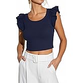 Ezbelle Women's Summer Crop Tank Tops Ruffle Shirts Ribbed Knit Clothes Sexy Sleeveless Tshirt Trendy Vacation Fit Blouse