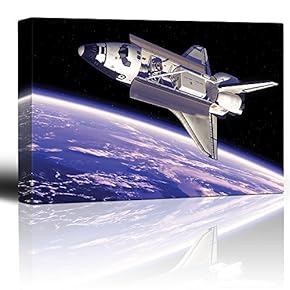 Rocketship in Outerspace with View to Planet Earth - Canvas Art Home Art - 12x18 inches