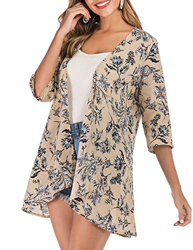 PopStore Women's Floral Print Sheer Kimono Cardigan Capes Chiffon 3/4 Sleeve Patchwork Casual Cover up Blouse Tops Beige - Thumbnail 4