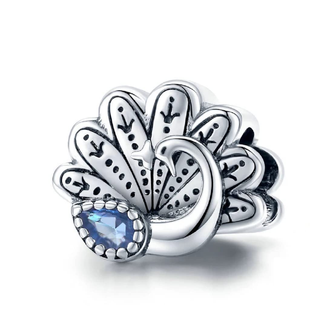 FeatherWish Sterling Silver 925 Peacock Bird Animal Charm Bead With Cubic Zirconia Fits And Compatible With Pandora Bracelets Gift Friend Wife Sister Mum Nan (Peacock Blue)