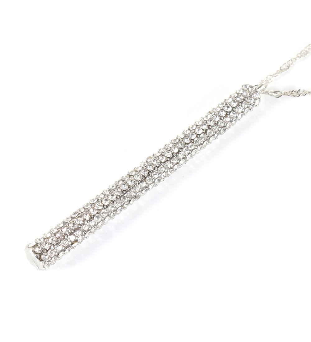 ELEARD Silver Bar Pedant Necklace Vertical Bar Drop Pedant with Crystal Paved Twist Chain Long Necklace