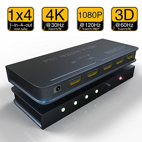 HDMI Splitter 1 x 4, NewBEP 1 Input 4 Output HDMI Amplifier Switcher Box V1.4b Video Converter Hub Support 4K X 2K 3D 1080p HDCP 1.4 (One Input To Four Outputs)