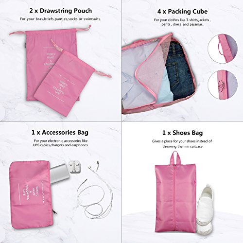 8 Set Packing Cubes - Compression Travel Storage Luggage Organizer Bags for Women Travel Suitcase with Shoes Bag (PInk)