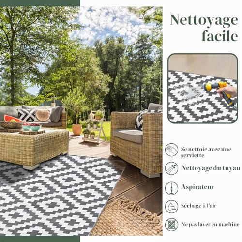 Mokani Rain Resistant Outdoor Rug for Patio, Deck, Beach, Picnic, Backyard (240 x 300 cm, Grey & White)