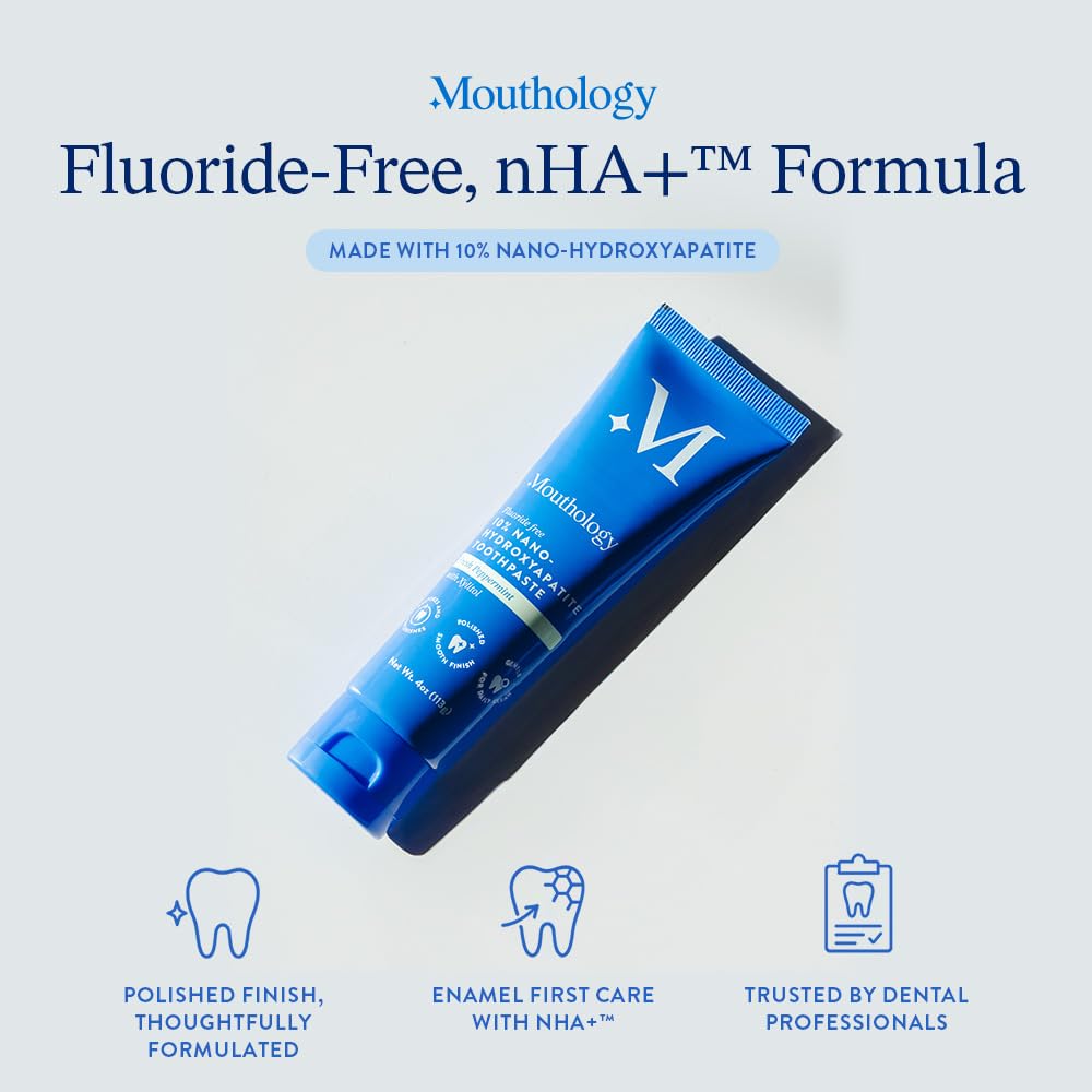 Mouthology 10% Nano Hydroxyapatite Toothpaste (Fluoride Free), Whitening*, Supports Enamel Care*, Appropriate for Sensitive Teeth*, SLS Free, Xylitol nHA Toothpaste for Adults, Mint 4oz (USA Made)