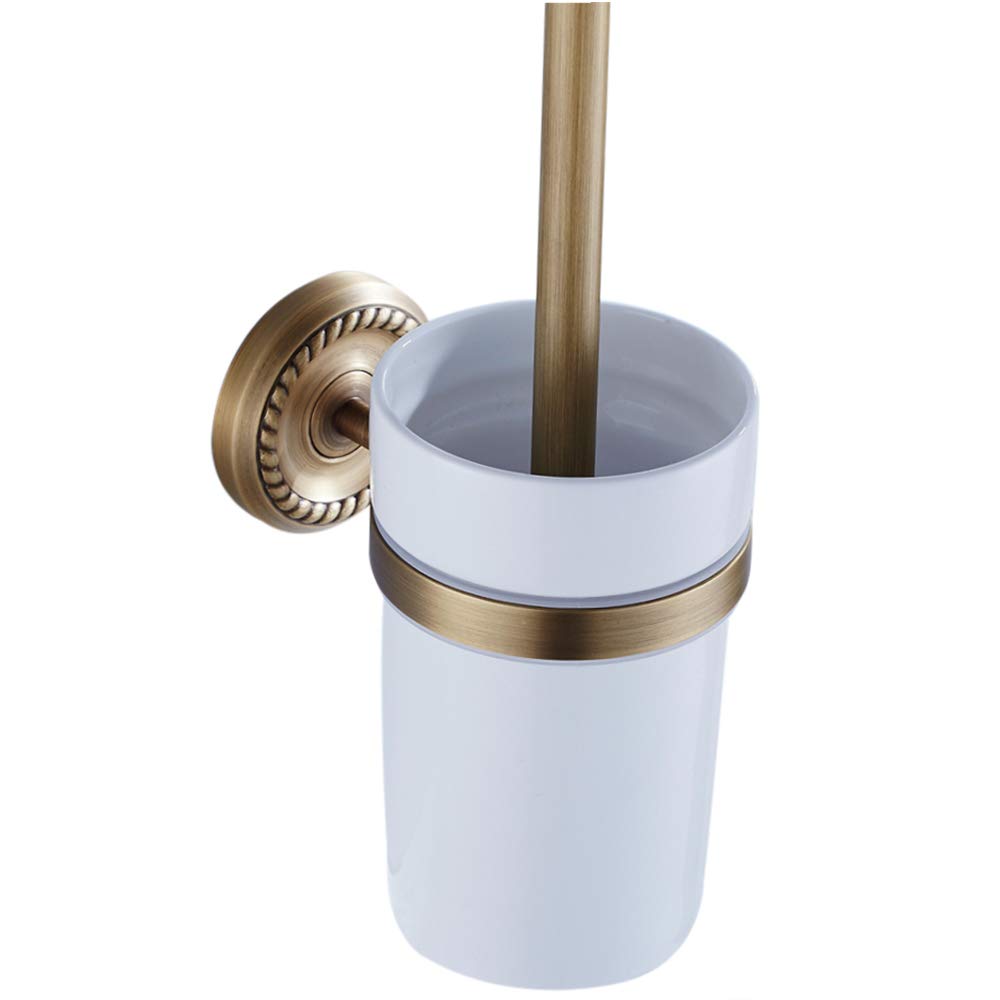 Weare Home Bathroom Carved Antique Toilet Brush Ceramic Mug Yellow All Copper Brass Toilet Brush Holder,14.5*8.3*41cm