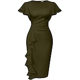 Memoriesea Women's Vintage Church Ruffle Sleeve Ruched Bodycon Work Midi Pencil Dress