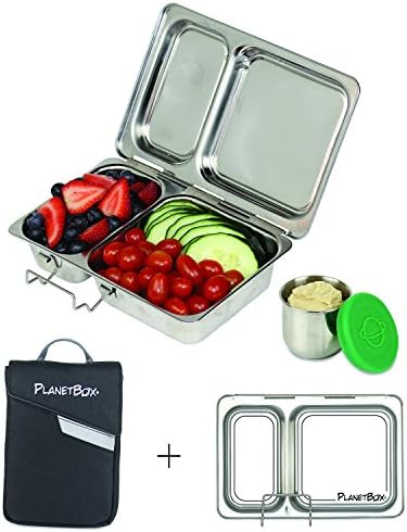 PlanetBox SHUTTLE Eco-Friendly Stainless Steel Bento Lunch Box with 2 Compartments for Adults and Kids - Black Carry Bag with Draw It Yourself Magnets