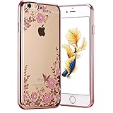 iPhone 6 Case, FYee [Secret Garden Series] Slim Dual Flexible TPU Rubber Back Cover with Clear Fower Bling Glitter Stone Diamond Case for iPhone 6 / 6s 4.7 inch - Rose Gold Edge