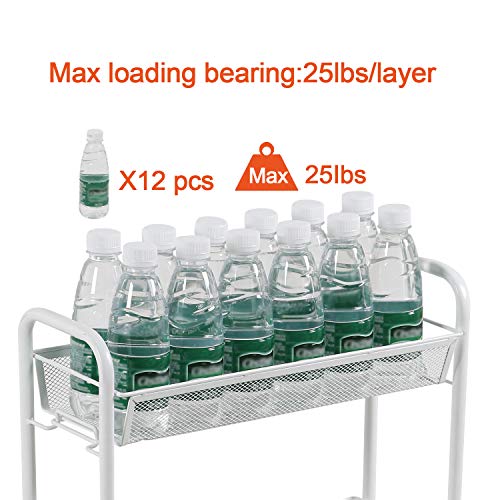 DESIGNA Rolling Household Trolley Cart, 3 Tier Slim Utility Carts with Steel Wire Shelves, Mesh Storage Cart with Easy Moving Wheels for Home Kitchen Bathroom, Multi-Function, White