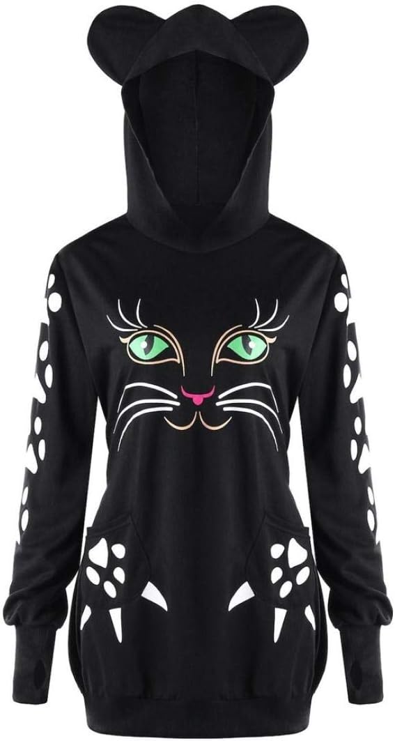 Winter Blouse,Morecome Womens Sweatshirt Cat Print Hoodie with Ears Hooded Pullover Tops Blouse