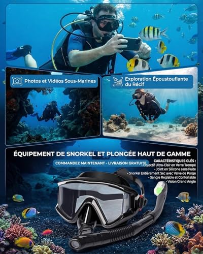 Hingue Diving Mask with 180° Panoramic Vision, Anti-Fog and Anti-Leak Adult Snorkel Mask with HD Tempered Glass, Adjustable Snorkeling Snorkel for Swimming, Diving and Snorkeling
