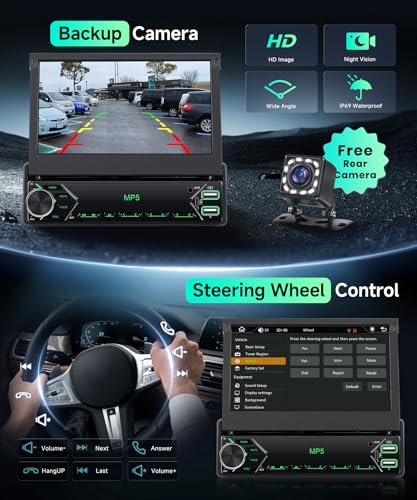 VECHTEL Carplay Android Auto Wireless Car Radio with 7 Inch Electrically Retractable Display, 1 DIN FM Radio with Bluetooth, Mirror Link,2 USB/Type-C/SD with Rear View Camera/Steering Wheel Control