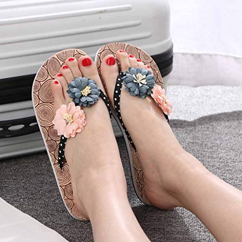 Summer Beach Slippers, Ladies Floral Flower Print Sandals Casual Slip On Wooden Shoes Flip Flops Platform Slippers Red Black (6.5 B(M) US, Black)
