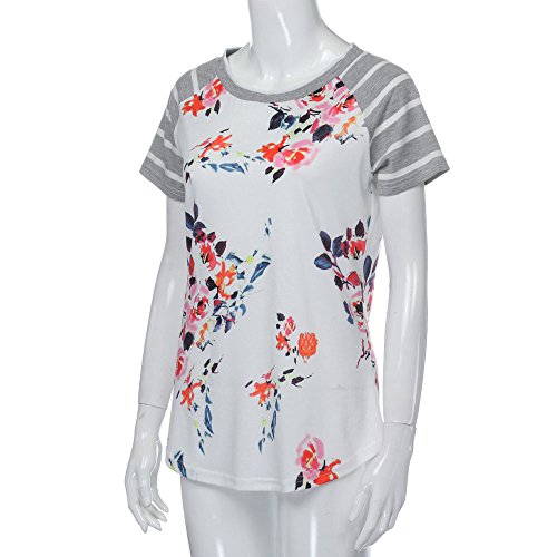 Pengy Clearance Women Short Sleeve Striped Floral Printed Blouse Shirt Tops (M, White)