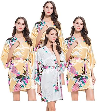 FETE FABULOUS Set of 4- Satin PEACOCK Kimono Robes, Hen Party Getting Ready Robes, OSFM, Wedding Dressing Gowns for Bride/Bridesmaids
