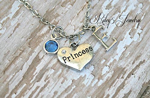 Personalized Princess Necklace with Your Initial letter and Birthstone - daddy's little girl - daughter - sister jewelry.