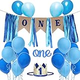 1st Birthday Boy Decoration Set One Blue Birthday High Chair Banner, Glitter Cake Topper, Glitter Crown,20pcs Balloons With Streamers
