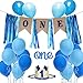 1st Birthday Boy Decoration Set One Blue Birthday High Chair Banner, Glitter Cake Topper, Glitter Crown,20pcs Balloons With Streamers