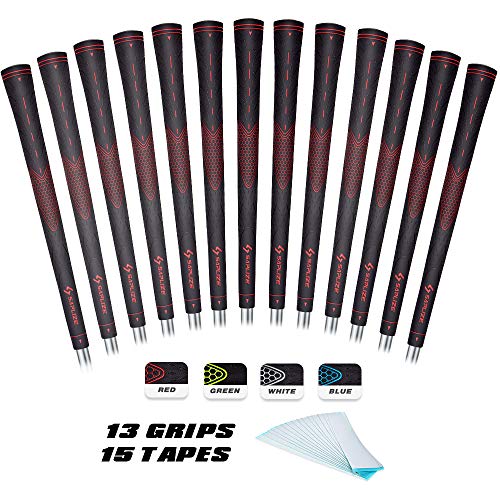 SAPLIZE Golf Grips (13 Grips + 15 Tapes Bundle), Rubber Golf Club Grips, Mid Size, Red, CC01 Series