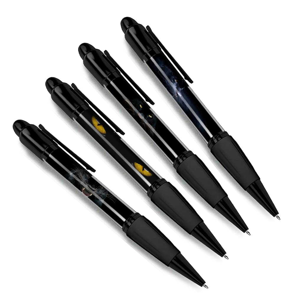 DV DESIGN Set of 4 Panther Black Ballpoint Pens - Yellow Eyes Animal Nature Wildlife Wild Travel Portrait Boys Girls Men Women Theme Pen #79471