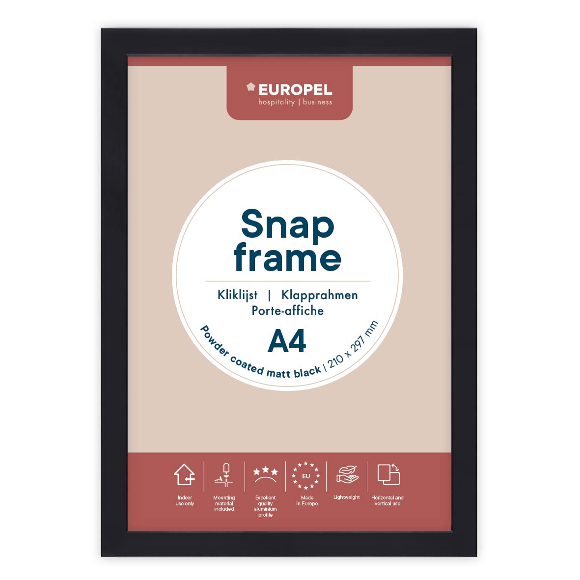 EUROPEL lightweight Snap frame A4, matt black powder-coated finish, Profile 25x11 mm, Anodized aluminum, anti-reflective protector, External dimensions 241x328 mm, Grey polystyrene back — image 1