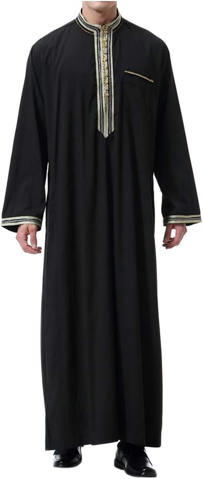 Muslim Arab Men Thobe Thawb Caftan Robe - Stand Neck Applique Long Sleeve Saudi Kandoura Islamic Middle East Dubai Dishdasha