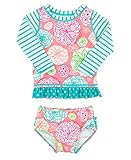 RuffleButts Little Girls Floral Striped Mix-Print Long Sleeve Rash Guard Set w/ Ruffles