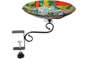 teyigarden Deck Mounted Bird Bath, Bird Bath for Outside Glass Bird Baths with Adjustable Sturdy Metal Clamp Bird Bath Bowl & Bird Feeder for Deck Railing Balcony Yard Garden Decor(Dragonfly)