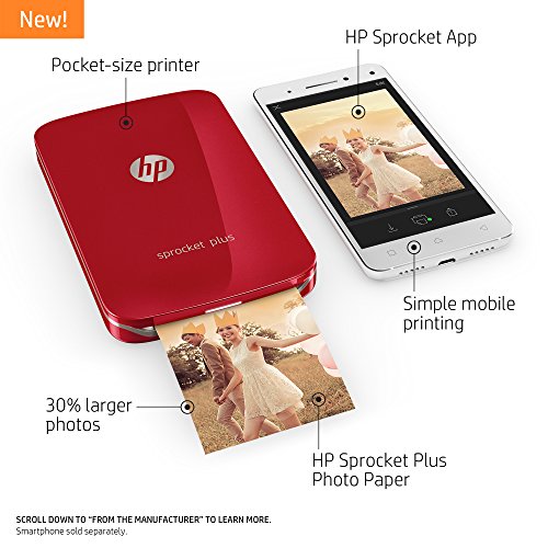 HP Sprocket Plus Instant Photo Printer, Print 30 Larger Photos on 2.3×3.4″ StickyBacked Paper