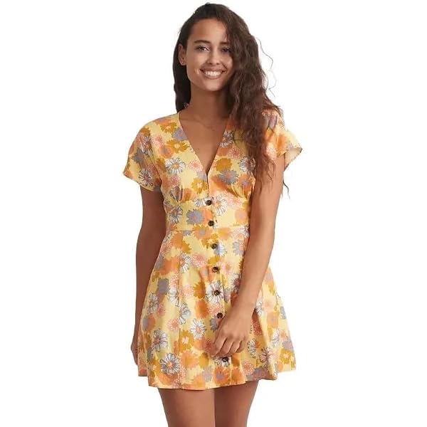 Marine Layer Camila A-Line Minidress in Yellow Vintage Floral Print Size L  at Amazon Women's Clothing store