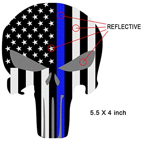 Reflective Punisher Skull 5.5 x 4.1 inch & US flag Decals with Thin Blue Line for Cars & Trucks, American USA Flag Decal Sticker Honoring Police Law Enforcement Window Bumper Vinyl Stickers (3-PACK) - Thumbnail 2