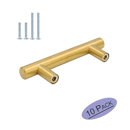 Goldenwarm 10pcs 64mm Cupboard Door Handle Golden Stainless Steel Modern Kitchen Door Cabinet T Bar Handle Pull Bedroom Drawer Knob Brushed Brass