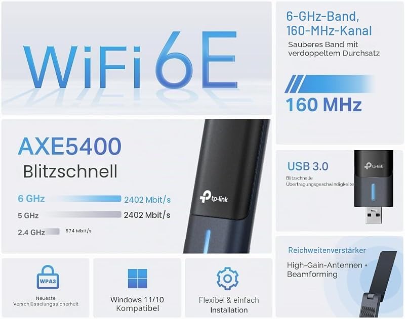 Archer TXE70UH 𝗪𝗶𝗙𝗶 𝟲𝗘 WLAN Stick für PC, USB WLAN Adapter AXE5400 Dualband, MU-MIMO, WPA3, USB 3.0, nur Kompatibel mit Windows 10/11