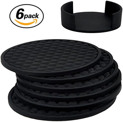 Coasters,Amazing Quality Silicone Coaster Set(6pc) in Holder Absorbent Design Drink Coaters Deep Tray to Catch Drip by 365park(Z012-Black)