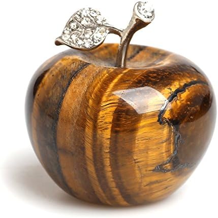 RUHONG1.78 Inches Cut Natural Quartz Crystal Tiger Eye Apple Carved Figurine Statue Alloy Leaf Healing Stone Home Holiday Wedding Decoration (Tiger Eye)