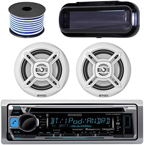 Kenwood In-Dash Marine Boat Audio Bluetooth Radio CD Receiver Bundle Combo with Pair of Enrock EKMR1672 6.5" Dual-Cone Stereo Speakers, Stereo Cover, 18g 50ft Marine Speaker Wire (White)