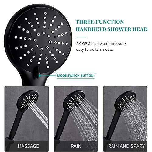 Esnbia Black Shower System, Wall Mounted Shower Faucet Set for Bathroom with High Pressure 8" Rain Shower head and 3-Setting Handheld Shower Head Set (Rough in Valve Included)