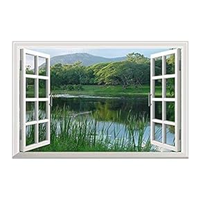 Peaceful Lake with Green Mountain and Trees Open Window Mural Wall Sticker - 24"x32"