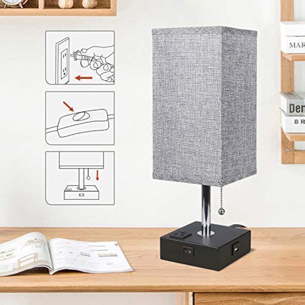 Nightstand Lamp Built in USB Charging Port Power Outlet Square Fabric