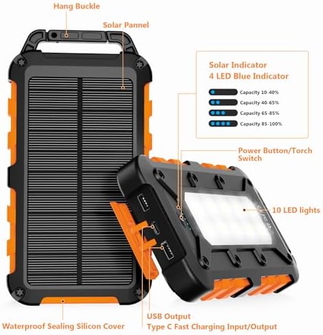 Solar Powerbank 26800mAh, PD22.5W Tragbare Solar Ladegerät USB C Externer Akku Outdoor Wasserdichtes mit LED-Licht und 3 Ausgängen für Smartphones Tablets Camping