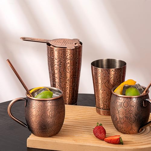 SKY FISH Boston Cocktail Shaker, 18 Piece Cocktail Kit with 3D Embossed Design, Professional Bartender Set for Cocktails Lovers, Hand Wash, Antique Copper