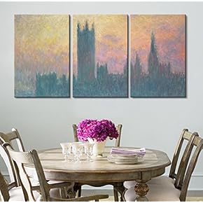 3 Panel Canvas Wall Art - Houses of Parliament, Sunset, 1903 by Claude Monet - Giclee Print Gallery Wrap Modern Home Art Ready to Hang - 16"x24" x 3 Panels