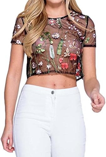 Nextgale Women's Short Sleeves Sheer Tulle Embroidered Crop Top